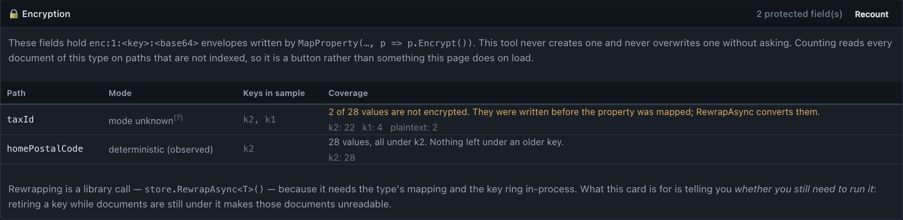 Encryption card listing two protected paths with their observed mode, the key ids in the sample, and per-key counts across the whole type