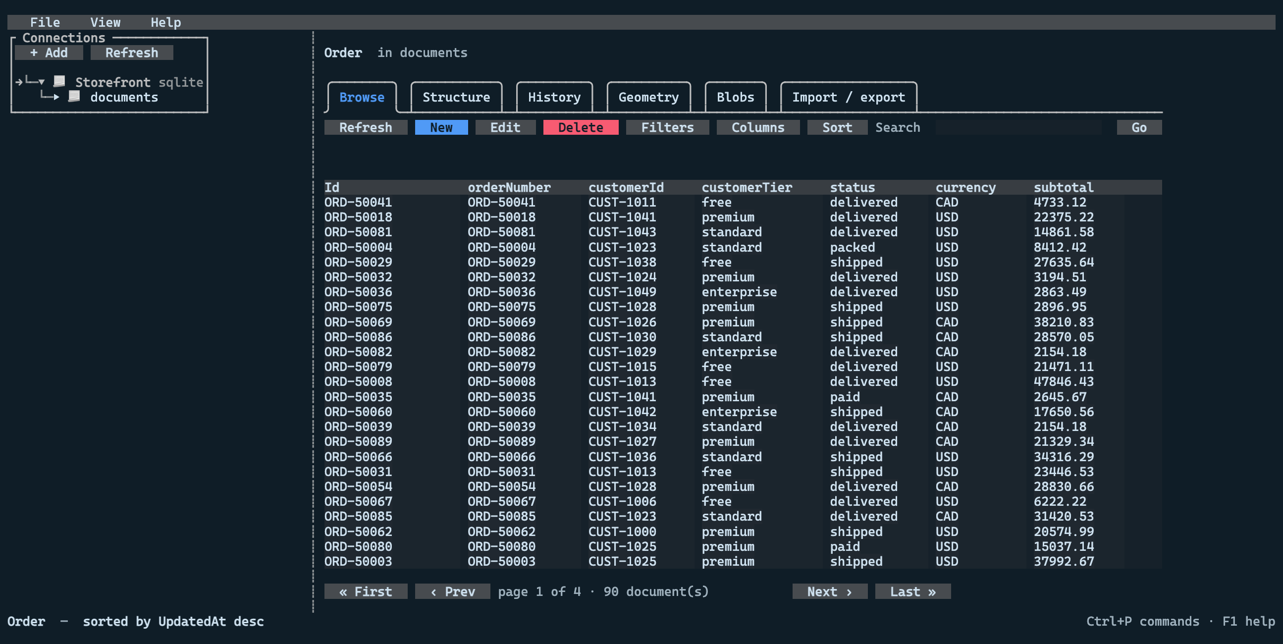 The browse grid for the Order type, with columns inferred from the JSON bodies and the explorer tree on the left