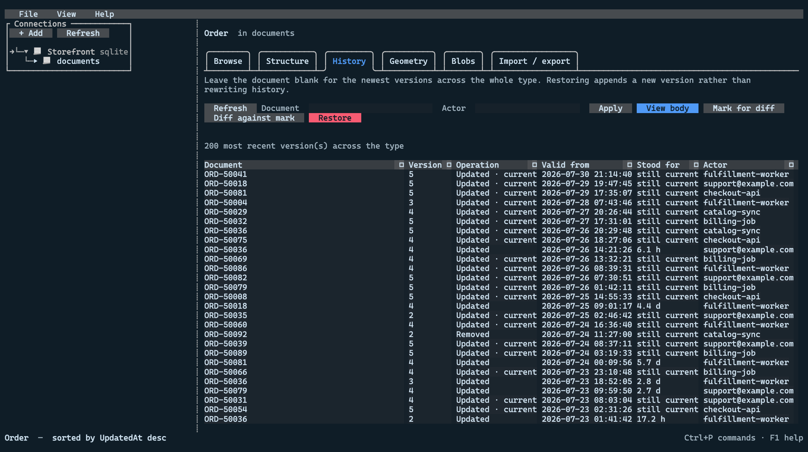 The temporal history for the Order type, one row per version with operation, interval, duration and actor