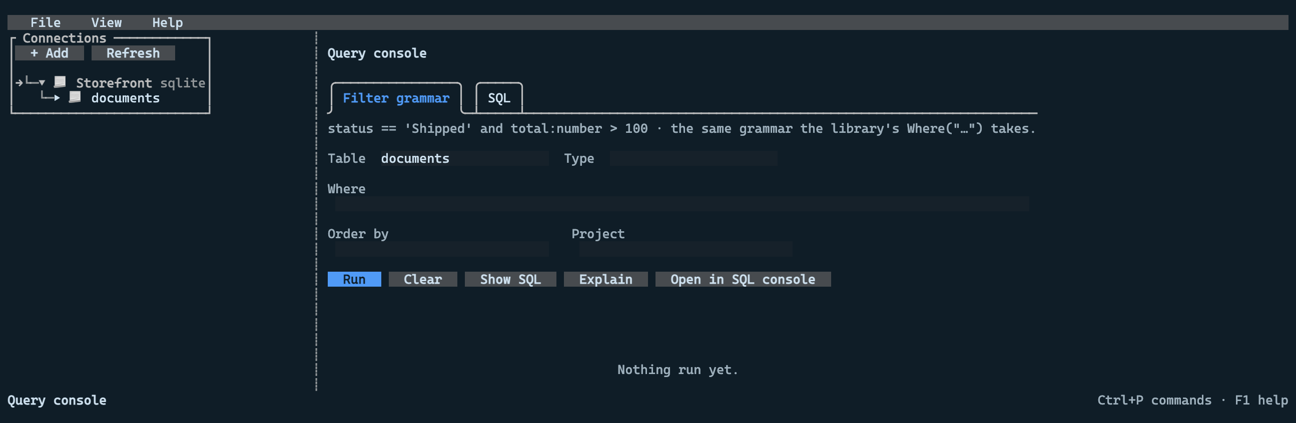 The filter grammar console, with the table, type, where, order-by and project fields