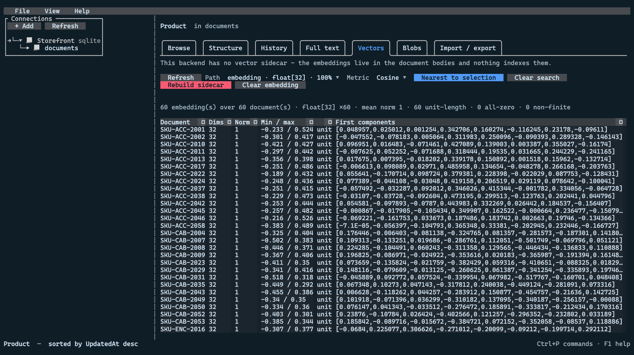 Embedding statistics for the Product type: dimensions, norms and per-document components
